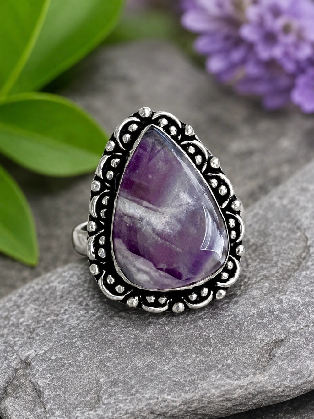 Teardrop Natural Chevron Amethyst Sterling Silver Ring Sz 8.5
